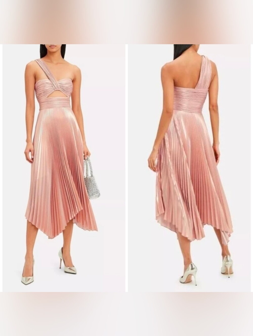 A.L.C. Pink Rose Gold Aurora Pleated One Shoulder Midi Dress